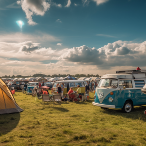 Campervans in a festival campsite.