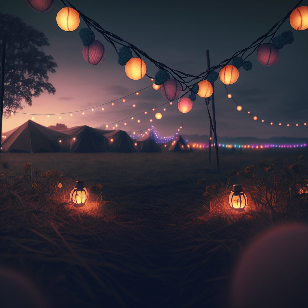 Festoon lighting in a music festival campsite at dusk.